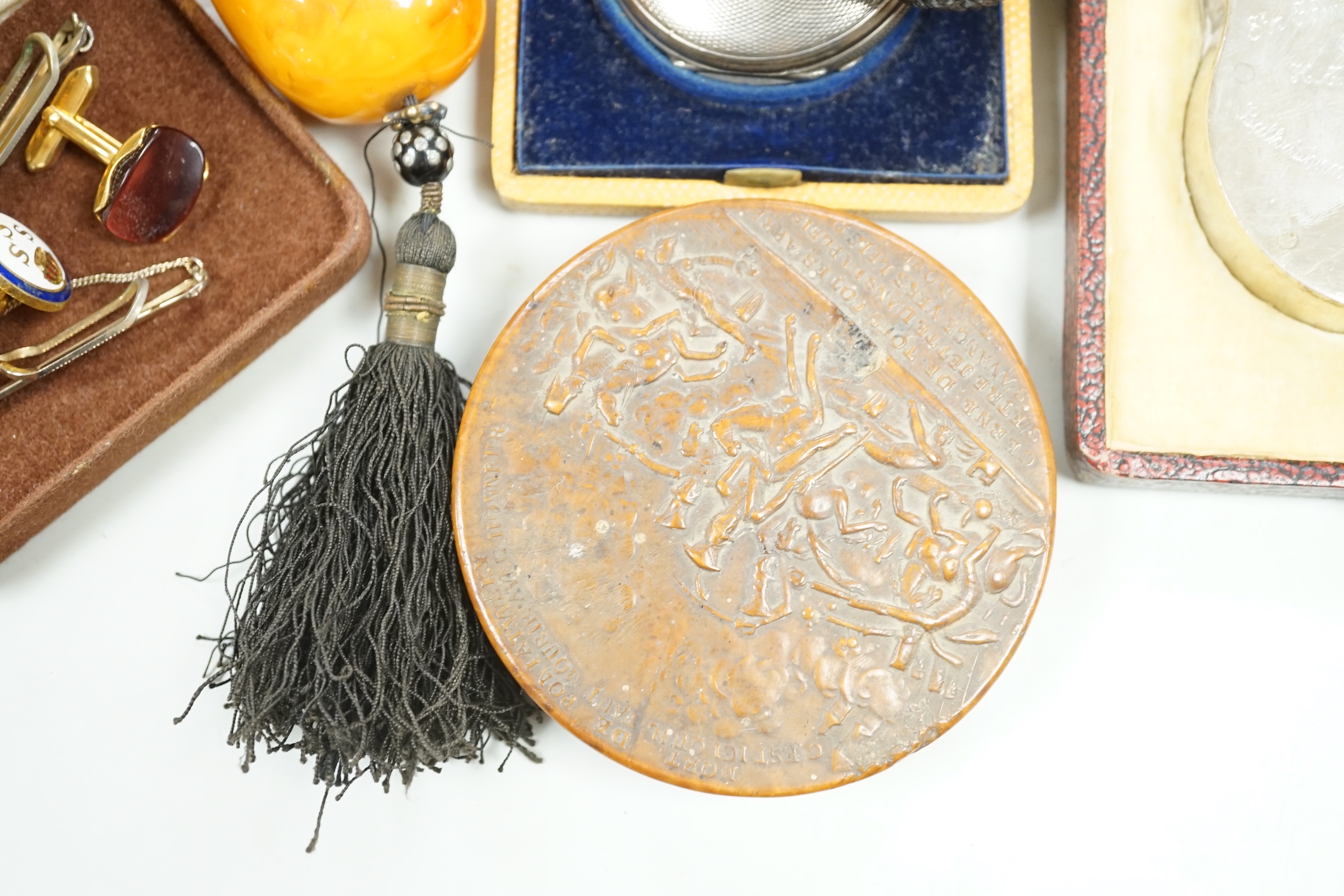 A group of 19th century and later collectibles to include a silver plated presentation padlock and key, a silver hunter pocket watch, french snuff box, etc.